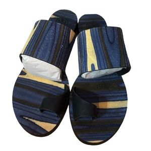 Tory Burch, blue multicolor swirl flat sandals
